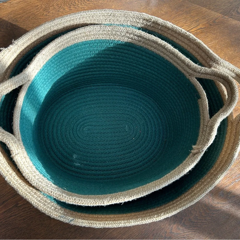 Green & Tan Woven Baskets, set of 2, soft, pliable, but sturdy! Nested together.